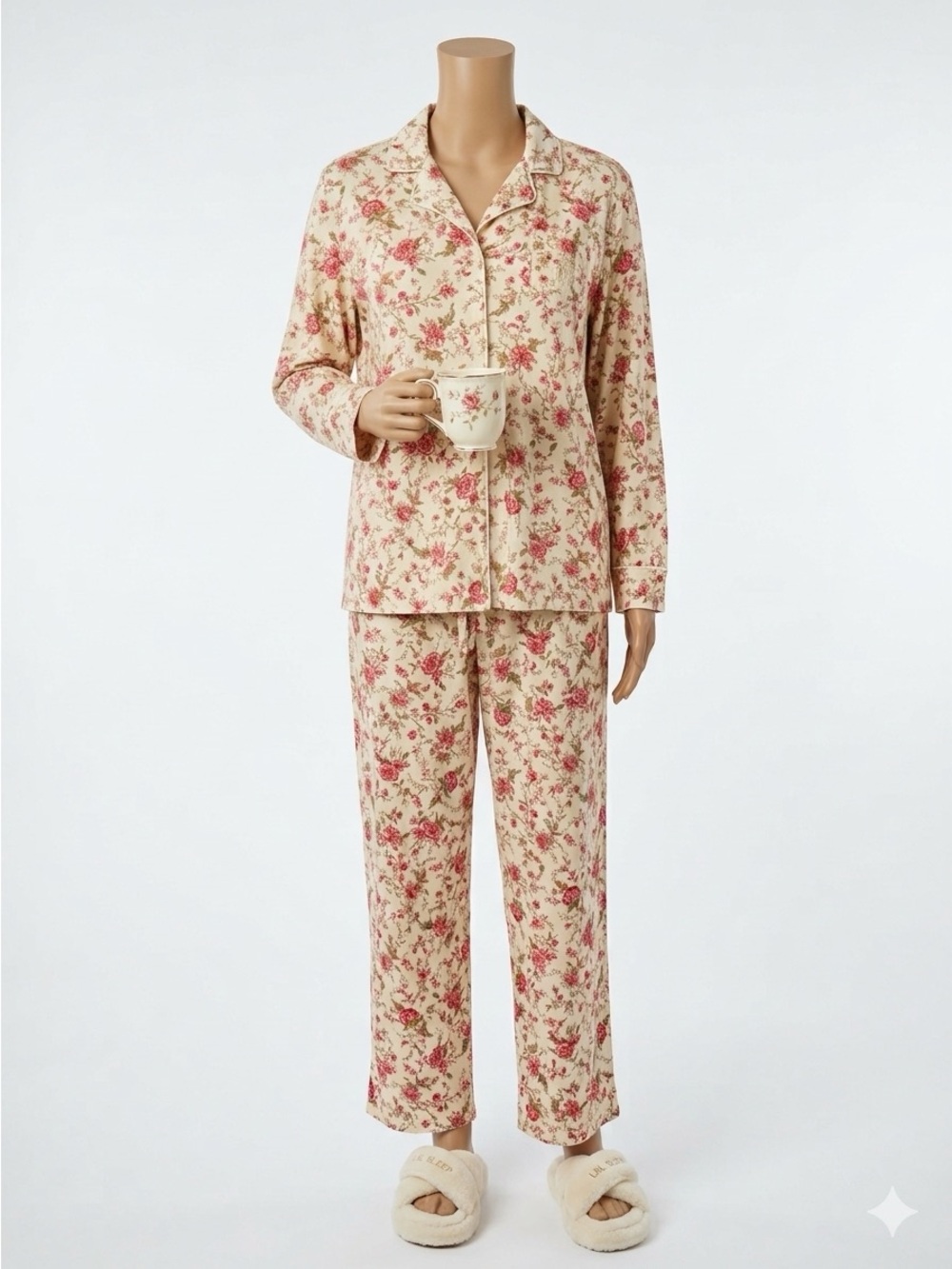 Lauren Ralph Lauren Cream Floral Pajama Set XL NWOT Cotton Blend Two-Piece